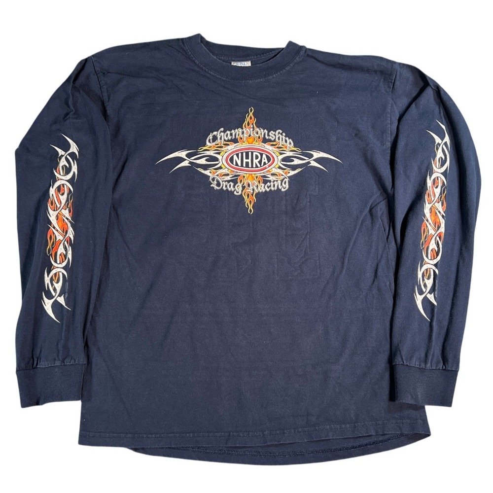 Vintage NHRA Drag Racing T-Shirt Men‎ Large Navy Blue Long Sleeve Tribal Flames